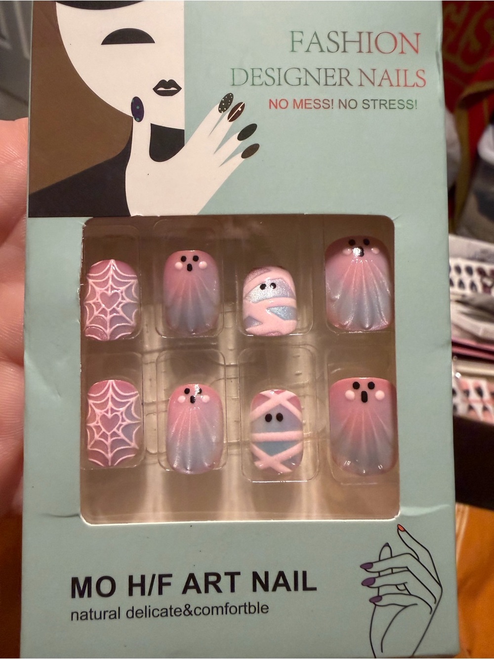 MO H/F Art Nail Pink Ombre Ghost & Spiderweb Press-On Nails